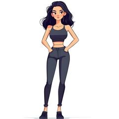 Fototapeta premium Cartoon girl in a trendy crop top and high-waisted pants on a white background.