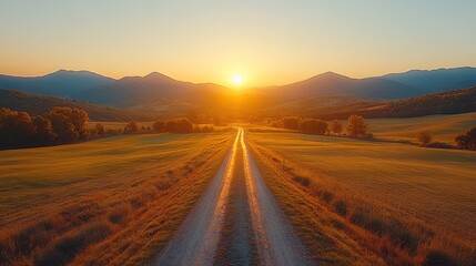 A long, winding dirt road leads towards the setting sun over a vast landscape of rolling hills.