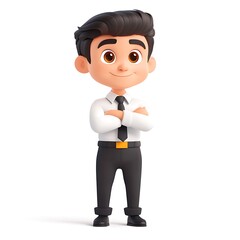 Cartoon employee standing with arms behind back, looking professional on a white background.