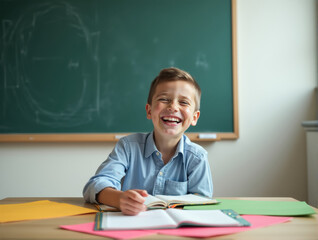 Joyful student smiling in classroom with open books and colorful papers
