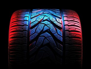 A stylized, illuminated car tire with a detailed tread pattern, showcasing vibrant colors against a dark background.