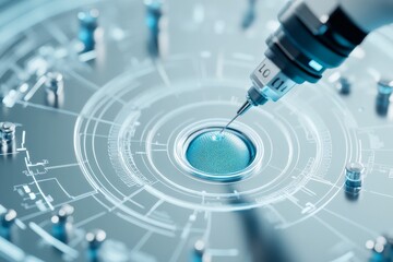A close-up image of a high-tech needle hovering over a digital target, symbolizing precision and advancement in medical technology and futuristic healthcare solutions.
