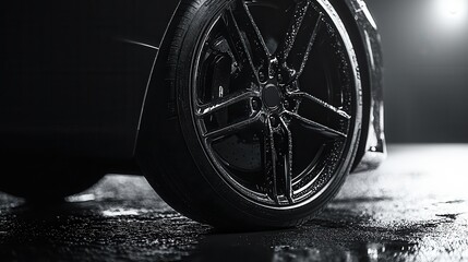 A close-up view of a sleek, black car wheel on a wet surface, highlighted by dramatic lighting, emphasizing its design and texture.