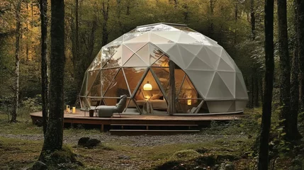 Gordijnen Transparent geodesic dome in a forest, a unique stay experience surrounded by nature © DREAMERLYN STUDIO