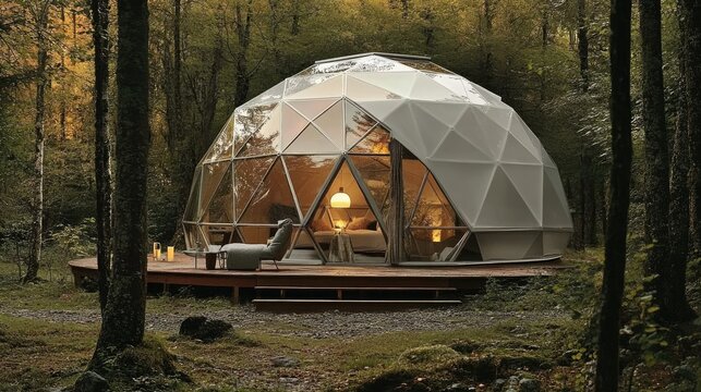 Transparent geodesic dome in a forest, a unique stay experience surrounded by nature