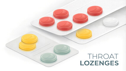 Various colored throat lozenges displayed in a blister pack for sore throat relief in a clinical setting