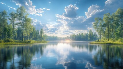 Fototapeta premium Serene lake surrounded by lush trees and vibrant skies.