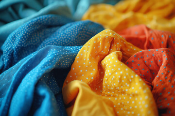 The vibrant fabrics in blue, orange, yellow, and turquoise are artfully arranged, showcasing a playful combination of colors and textures that invite tactile exploration.