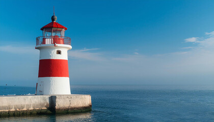 Red and White Lighthouse on Top of Pier and Copy Space