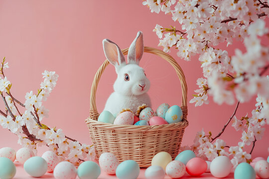 A white bunny sitting in a basket filled with colorful Easter eggs