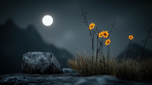 Silhouette of flowers against moonlit mountains backdrop.