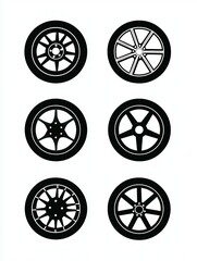 A collection of six distinct wheel designs arranged in two rows, showcasing various styles and patterns.