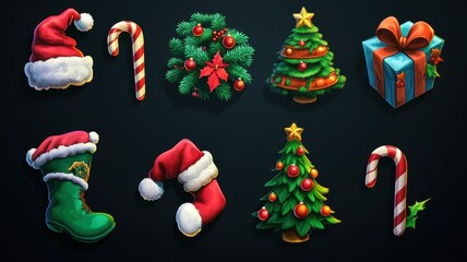 3d Christmas icons set,Christmas decoration element,Surprise winter holiday realistic objects,Decoration elements for greeting cards banners,Merry Christmas and happy new year greeting concept.