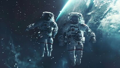 Fototapeta premium Two Astronauts Floating in Space with Earth in the Background