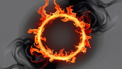 Fiery Ring with Black Smoke Swirls on Gray Background
