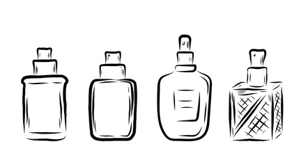 Perfume in different shaped bottles, in line art style, line, bows, flowers, smell. vector illustration