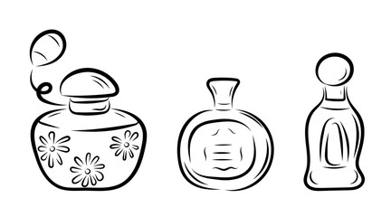 Perfume in different shaped bottles, in line art style, line, bows, flowers, smell. vector illustration
