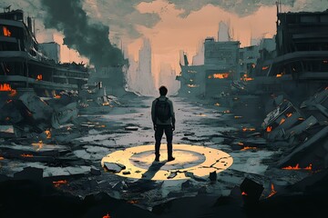Post-Apocalypse Scene Showing the Man Standing in Ruins