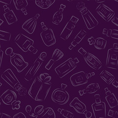 seamless pattern Perfume in different shaped bottles, in line art style, line, bows, flowers, scent. vector illustration