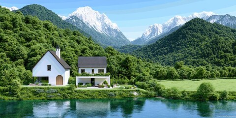 Naklejka premium Picturesque Austrian Village Homes with Stunning Mountain Views and Lake