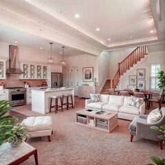 Contemporary home with minimal furnishings and decor light wood floor stairs white walls large windows with black frames and simple style
