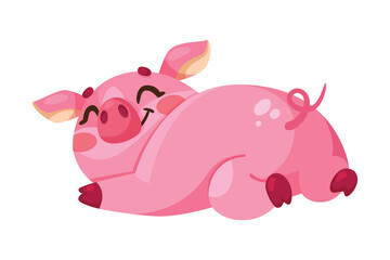 Pink Piglet Character in Lying Pose Vector Illustration