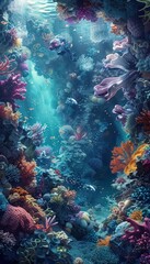 Fototapeta premium Transport observers into an avant-garde underwater universe where surveillance robots move gracefully through a landscape of twisted coral structures and iridescent sea creatures