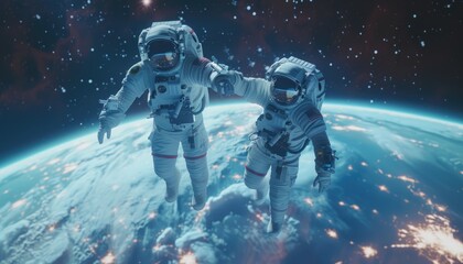 Fototapeta premium Two Astronauts Floating in Space Above Earth