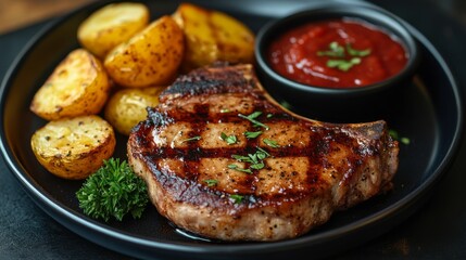 Grilled Pork Chop with Potatoes and Ketchup
