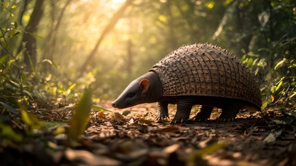 Obraz premium A close-up of an armadillo walking on a forest path, illuminated by soft sunlight.