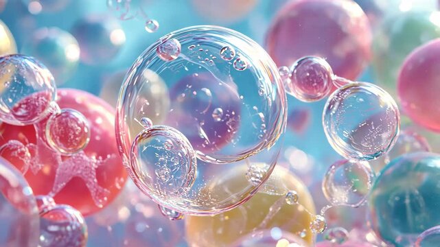 A collection of iridescent bubbles floats on a light blue background