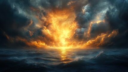 Fototapeta premium Dramatic sunset over turbulent ocean waves and stormy clouds.