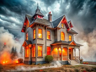 Obraz premium A fog-shrouded haunted house looms ominously, its glowing red windows casting an eerie aura, evoking supernatural chills in the dense mist