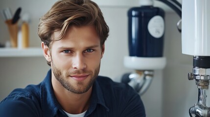 Confident Plumber in Work Uniform with Plumbing Supplies