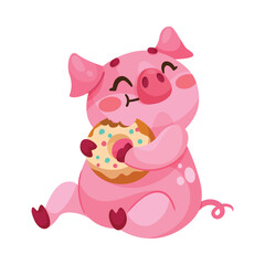 Pink Piglet Character Sit and Eat Donut Vector Illustration