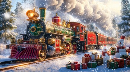 A train with a red and green engine is pulling a red and green train car