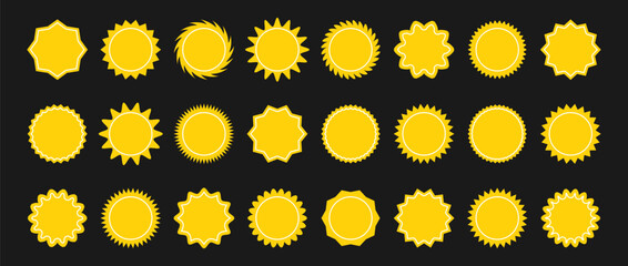 Set of yellow starburst price. Sunburst badges. Star sticker vector on dark background. Simple labels in flat style.