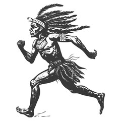 Obraz premium Native American Warrior Running with Feathers and Tribal Clothing