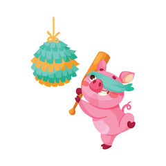 Fototapeta premium Pink Piglet Character Beat Pinata Toy with Bat Vector Illustration