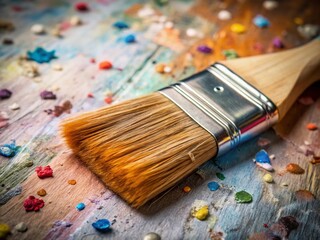 Fototapeta premium A solitary flat brush alongside vibrant paint spots, igniting creativity and inspiring artistic expression for endless possibilities in color and