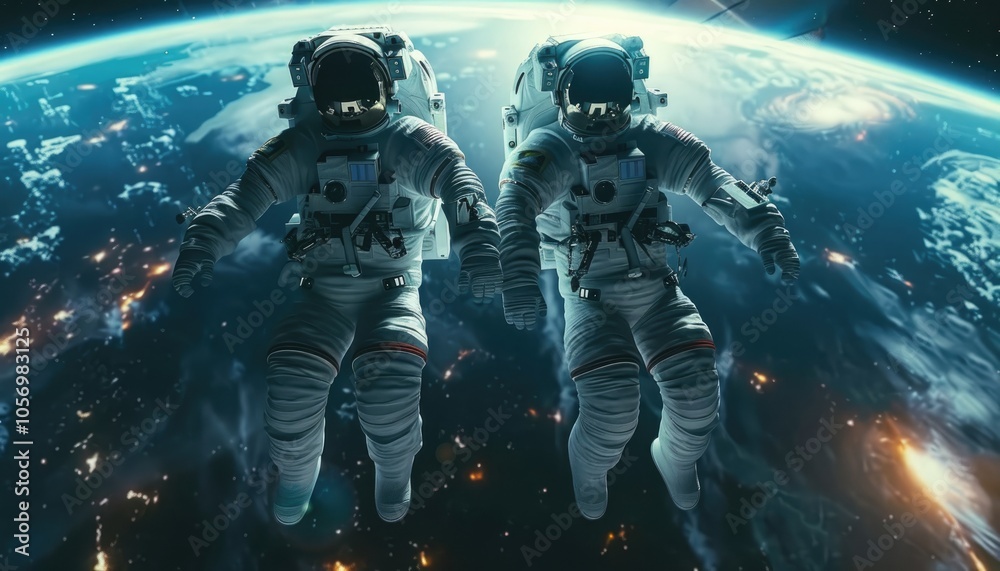Wall mural two astronauts floating in space with earth in the background