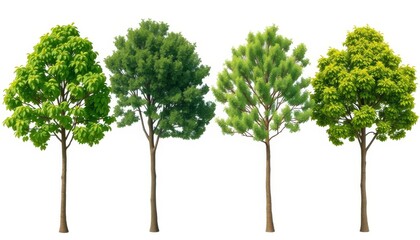 Fototapeta premium Four Green Trees with Brown Trunks Isolated on White Background