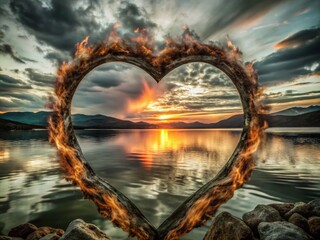 Fototapeta premium A stunning sunset landscape with vibrant colors ignites the sky, transforming the horizon into a breathtaking display of fiery hues that captivates