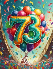 Birthday / anniversary balloon, number 73, colorful illustration with confetti and festive decoration