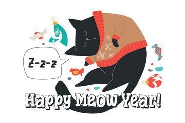 tired black cat in ugly sweater sleeping curl up. winter holiday sticker isolated on white. flat cartoon kitten. candy wrappers and broken ornaments around. vector illustration