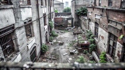 Abandoned City Alleyway in Tilt-Shift Style with Urban Decay and Overgrown Vegetation