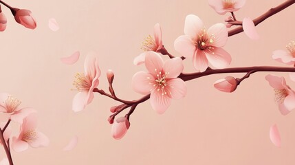 A close-up of a blooming peach blossom branch against a soft peach background, symbolizing beauty and the arrival of spring.