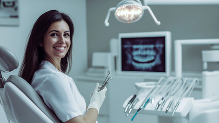 Smiling female dentist in white coat holding dental tools in modern clinic 