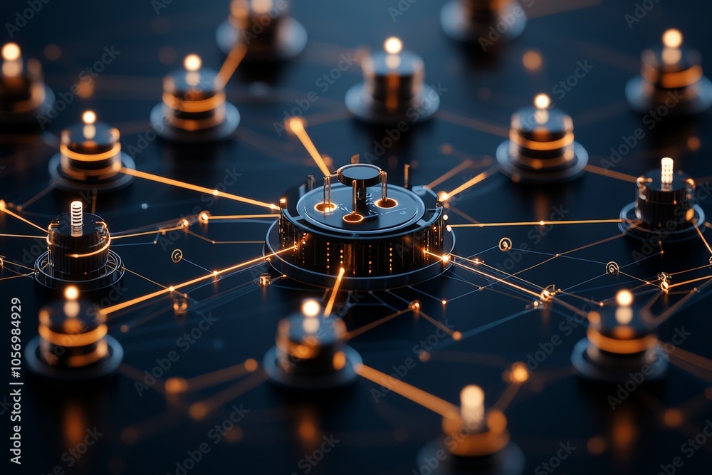 Poster a central digital hub with interconnected nodes and glowing lines representing a futuristic and high