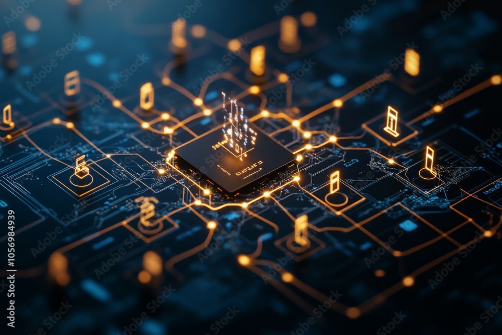 Poster a microchip surrounded by intricate glowing circuits symbolizing the complexity of modern technology